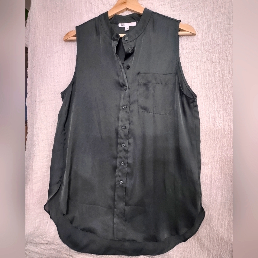 DR2‎ Blouse Tunic Top Sleeveless Satin Round Neck Sz S Green Oversized Feminine
